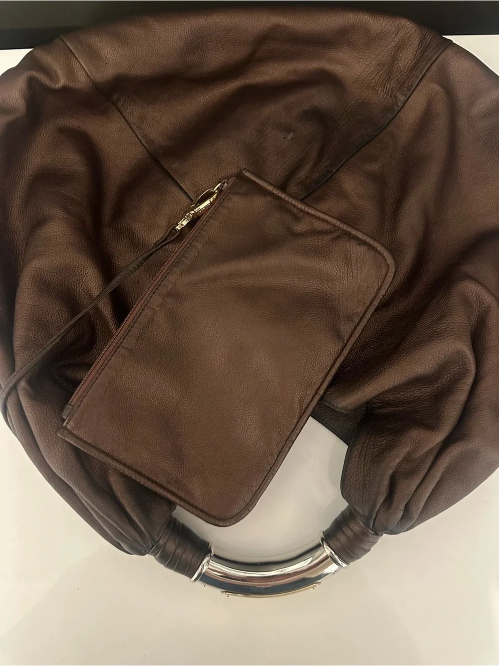 Bvlgari Chocolate Brown Leather Hobo Mombasa Silver Tone Handle Bag Bulgari Vtg